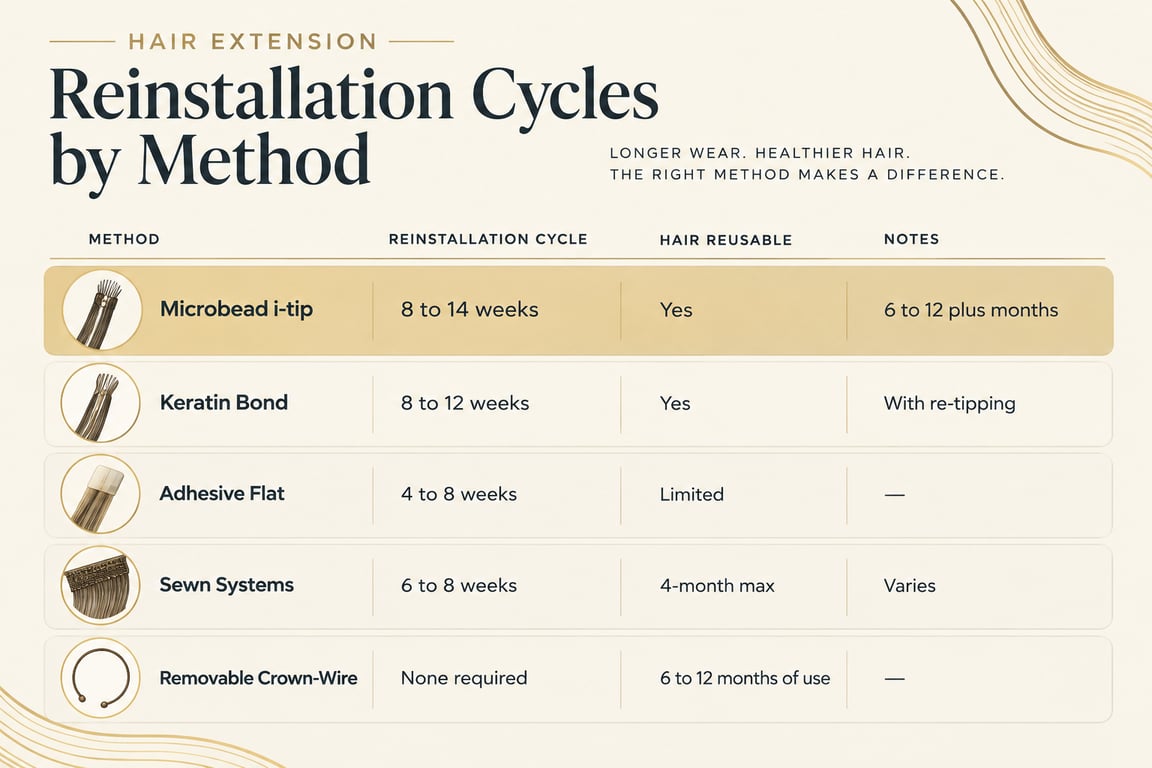 Table comparing hair extension reinstallation cycles by method, including microbead i-tip, keratin bond, and others.