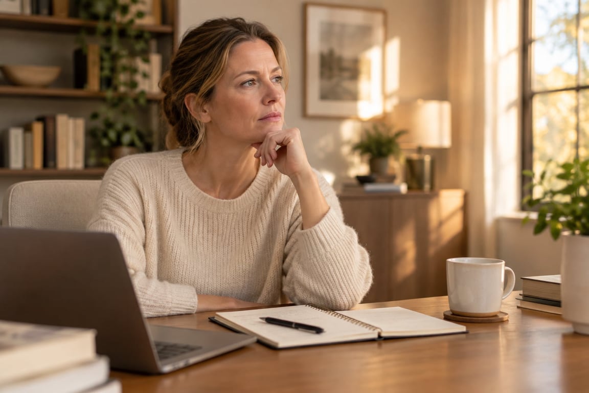 A thoughtful woman in a cozy office setting sits at a desk with a laptop, notebook, and coffee cup.