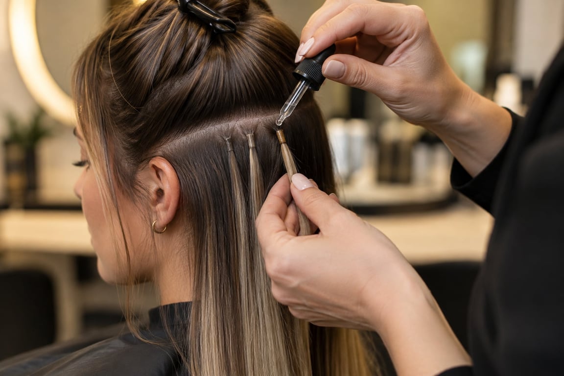 A hairstylist applies bond solvent to keratin hair extension bonds in a salon.