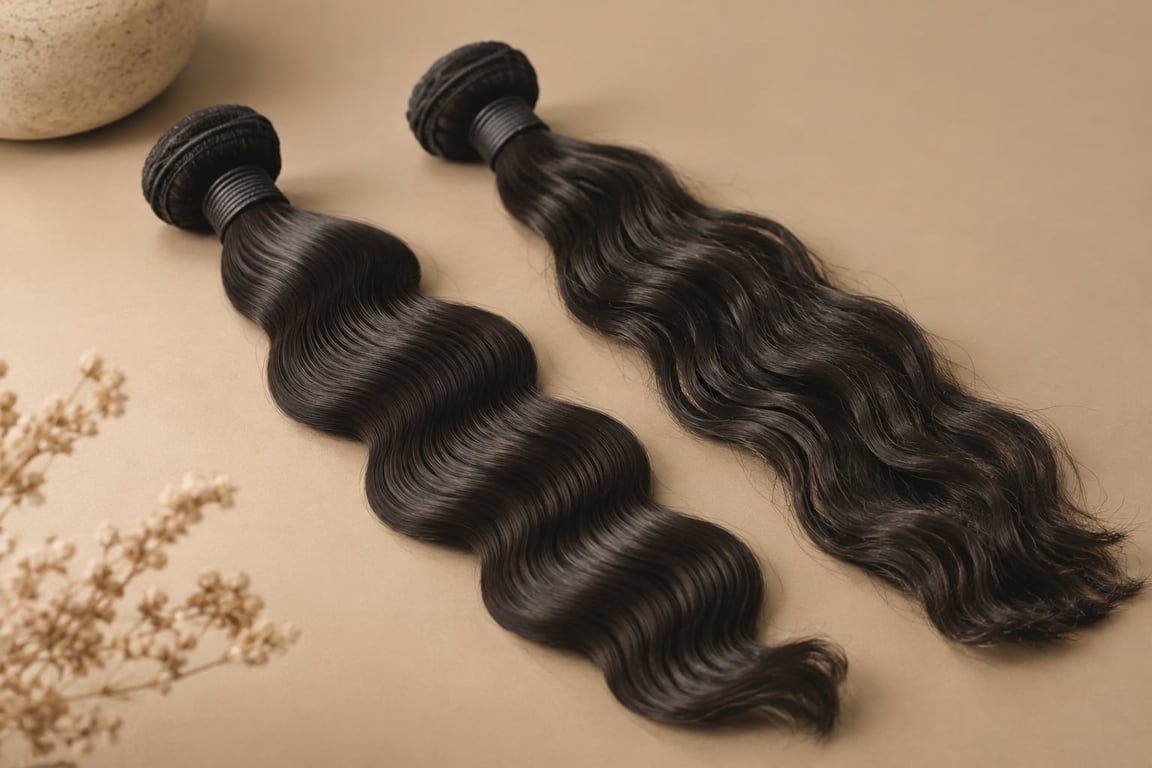 Two hair extension bundles side by side showing distinct textures; one with uniform waves and the other with varied patterns.