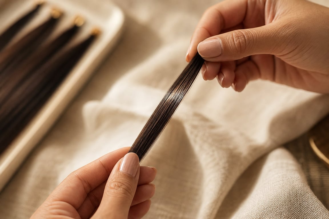 A close-up of a person's hands holding a strand of dark hair with several hair extensions in the background.