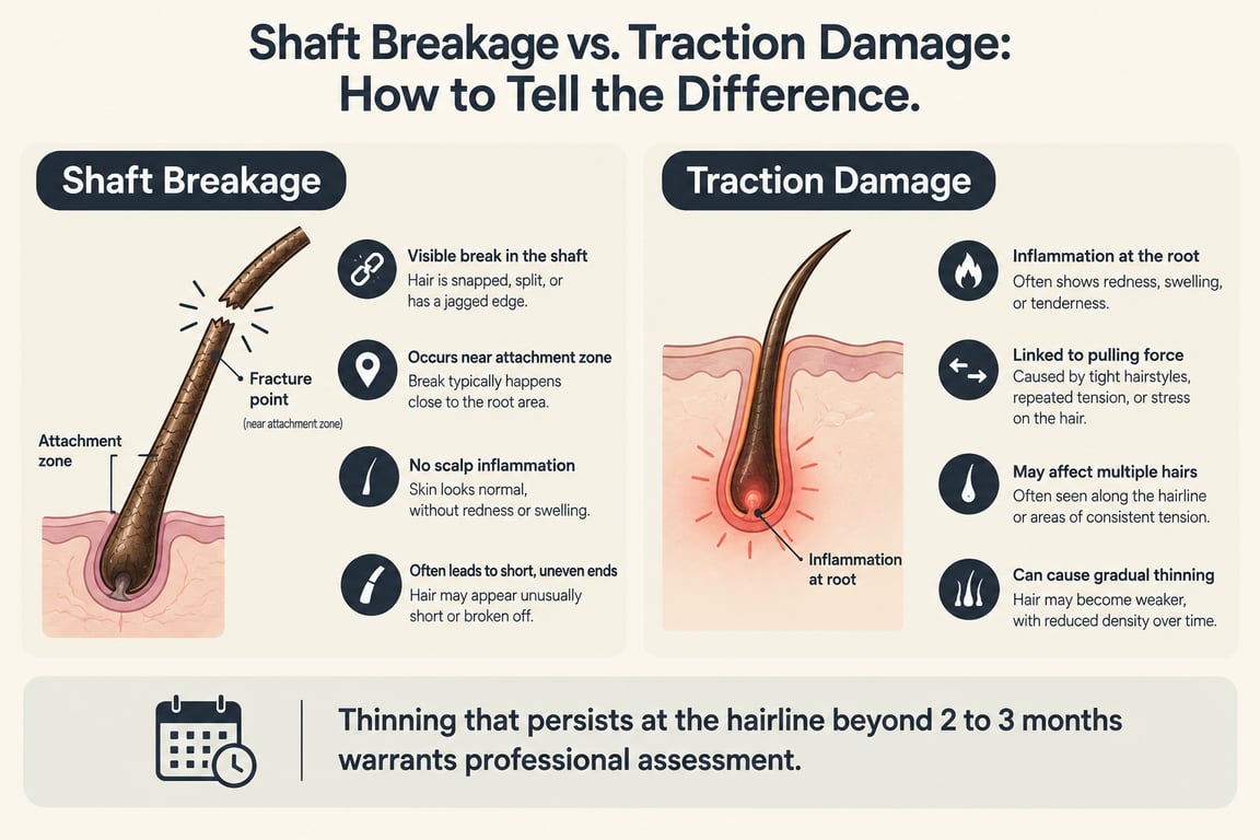 Comparison chart illustrating shaft breakage and traction damage in hair with labeled diagrams.