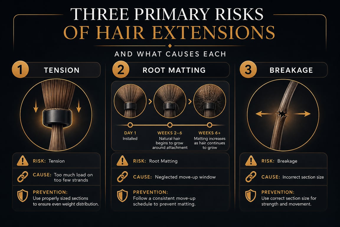 Infographic detailing the three primary risks of hair extensions: tension, root matting, and breakage, with causes and prevention tips.
