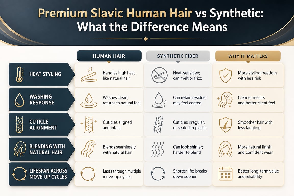 Comparison chart of premium slavic human hair versus synthetic fiber with key differences and benefits.