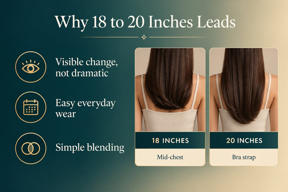 Infographic showing reasons for choosing 18 to 20 inch hair extensions with comparison images.