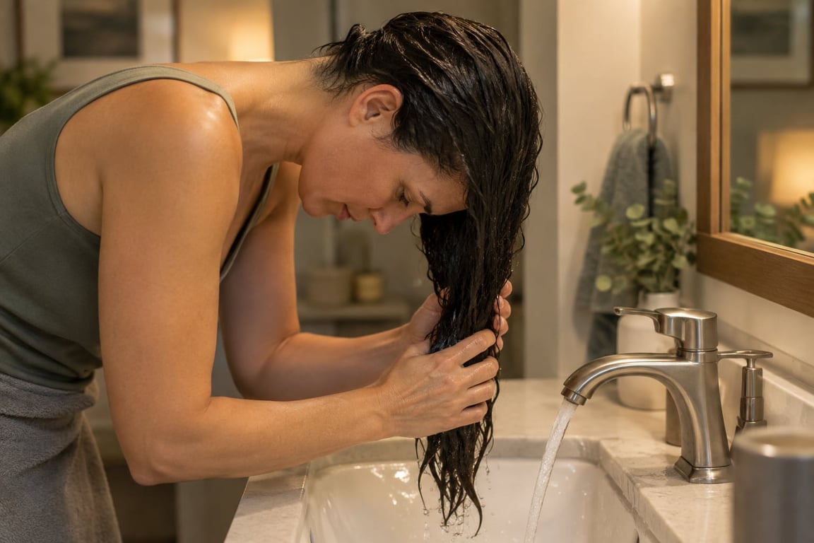 Woman washing her hair over a sink while wearing a robe.