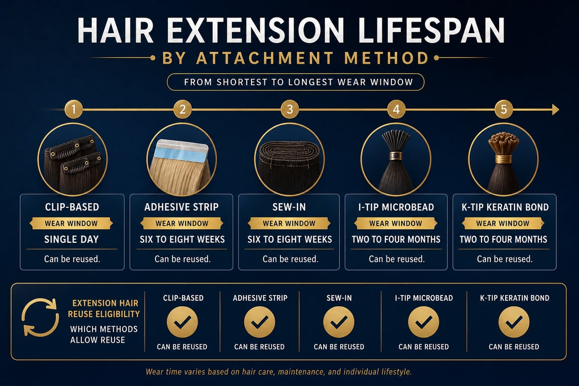 Infographic detailing hair extension lifespan by attachment method, including wear windows for each type.
