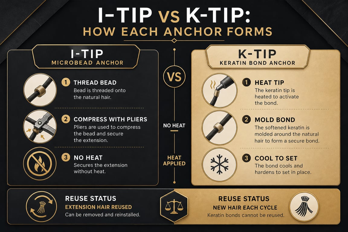 Comparison chart of I-TIP and K-TIP hair extension methods, displaying steps and features of each anchor form.