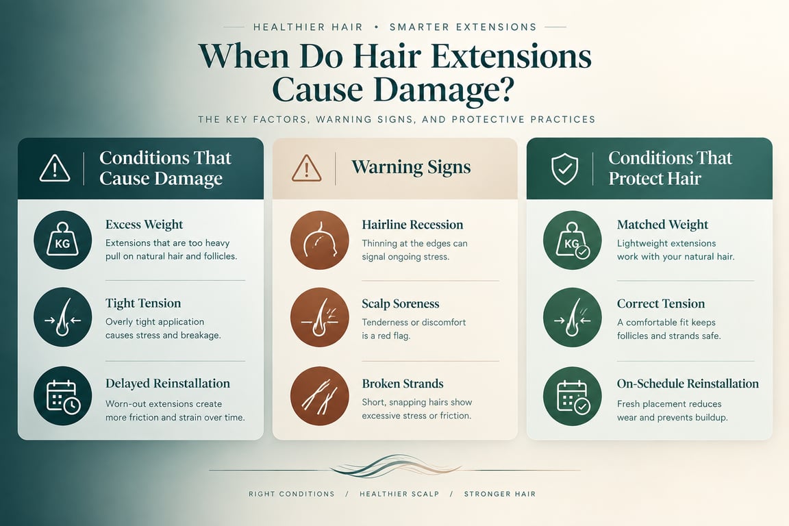 Infographic detailing conditions that may damage hair extensions, warning signs, and protective practices.