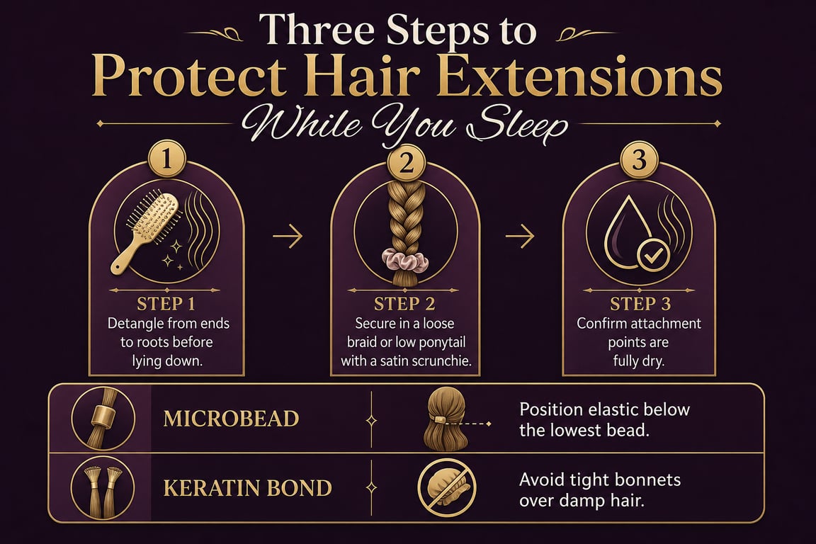 Infographic detailing three steps to protect hair extensions while sleeping, including detangling, securing, and confirming attachment points.