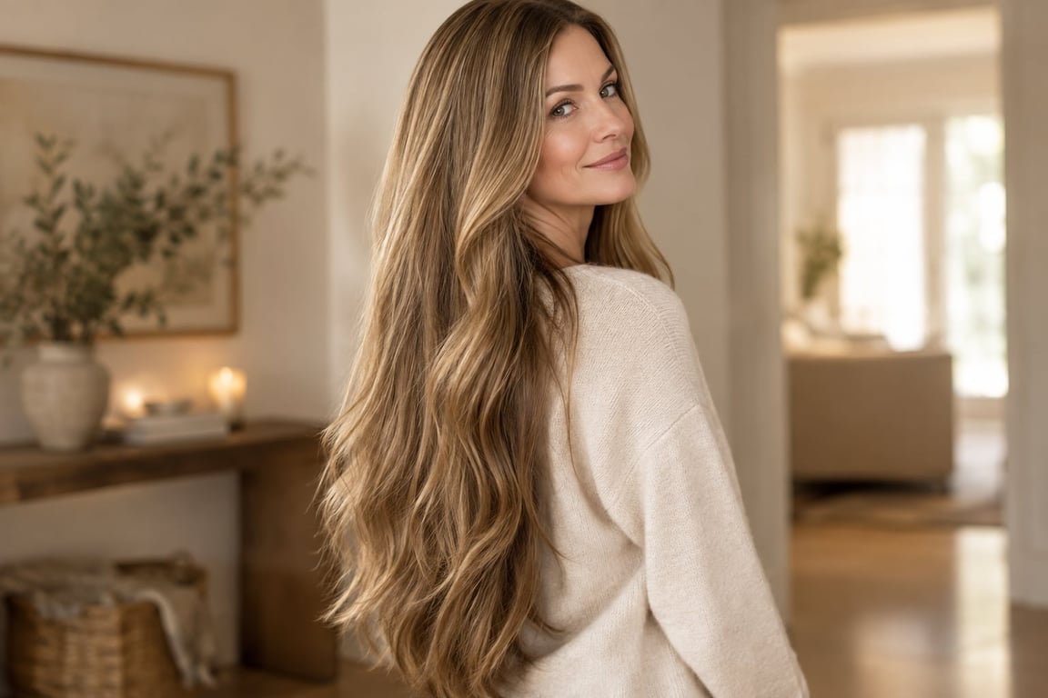 A woman with long, wavy hair smiling over her shoulder in a cozy, well-lit room.