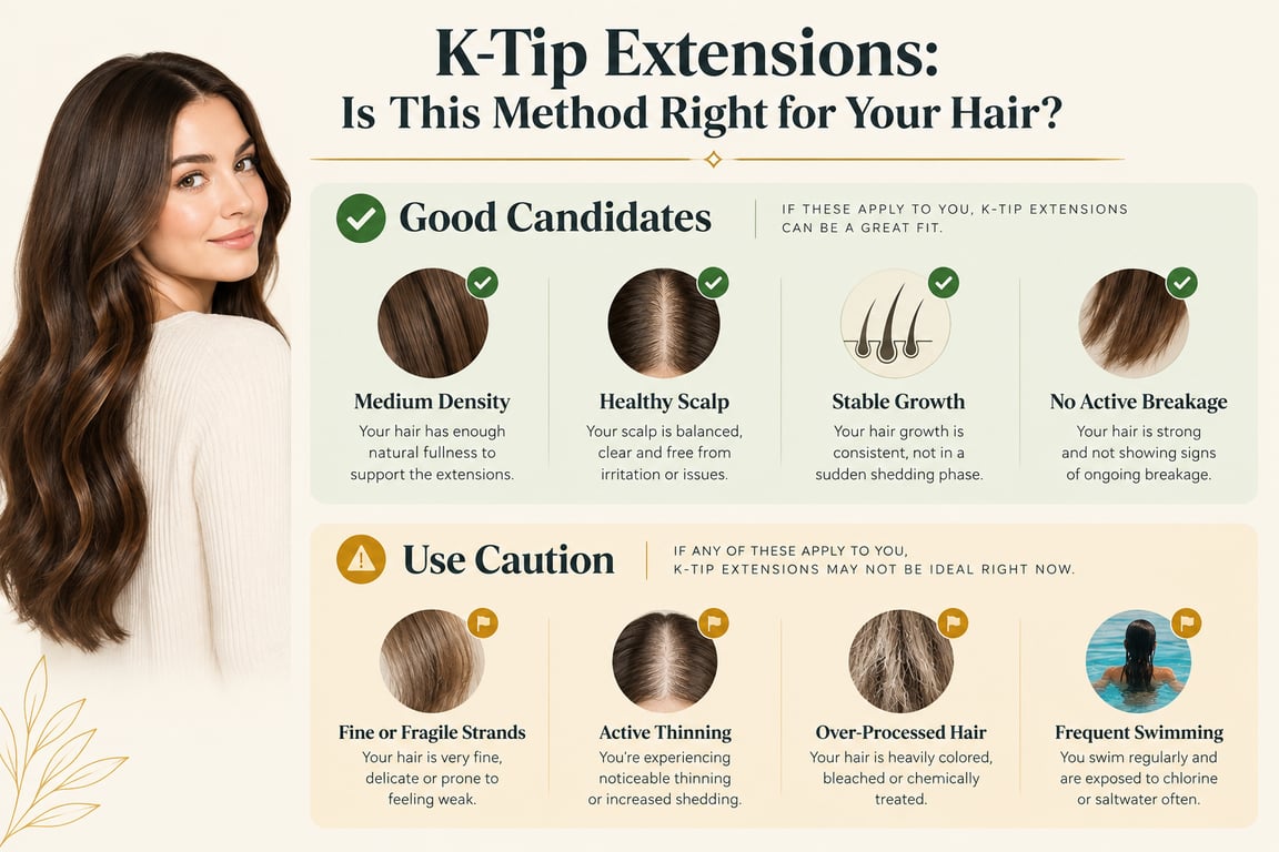 Infographic on K-tip hair extension candidacy indicators highlighting hair density and lifestyle factors.