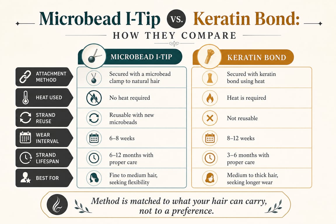 Comparison infographic of Microbead I-Tip and Keratin Bond hair extensions methods showing key differences.