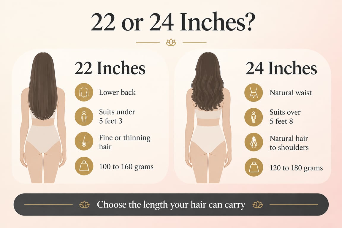Infographic comparing 22 and 24 inch hair extensions by height, length, and weight.