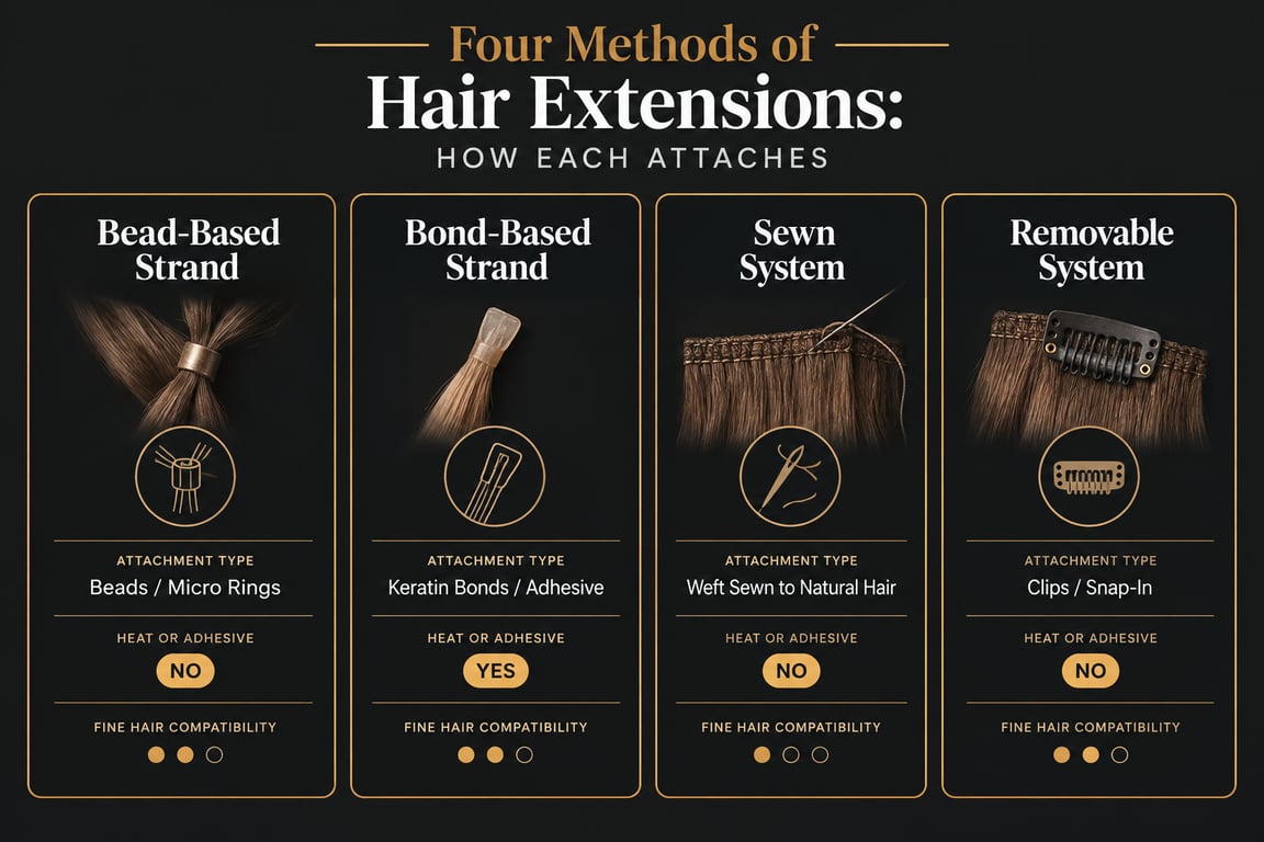 Infographic detailing four methods of hair extensions: bead-based, bond-based, sewn, and removable systems.