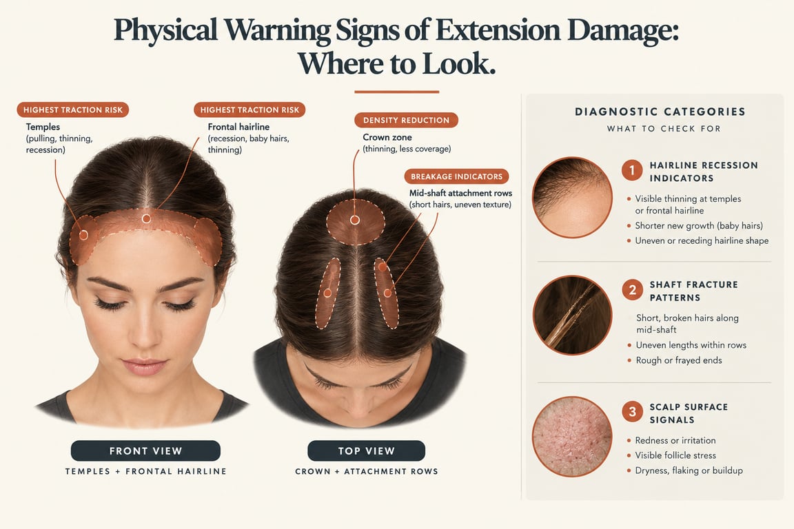 Illustration showing warning signs of extension damage on a woman's scalp, with front and top views highlighting hair loss and breakage.