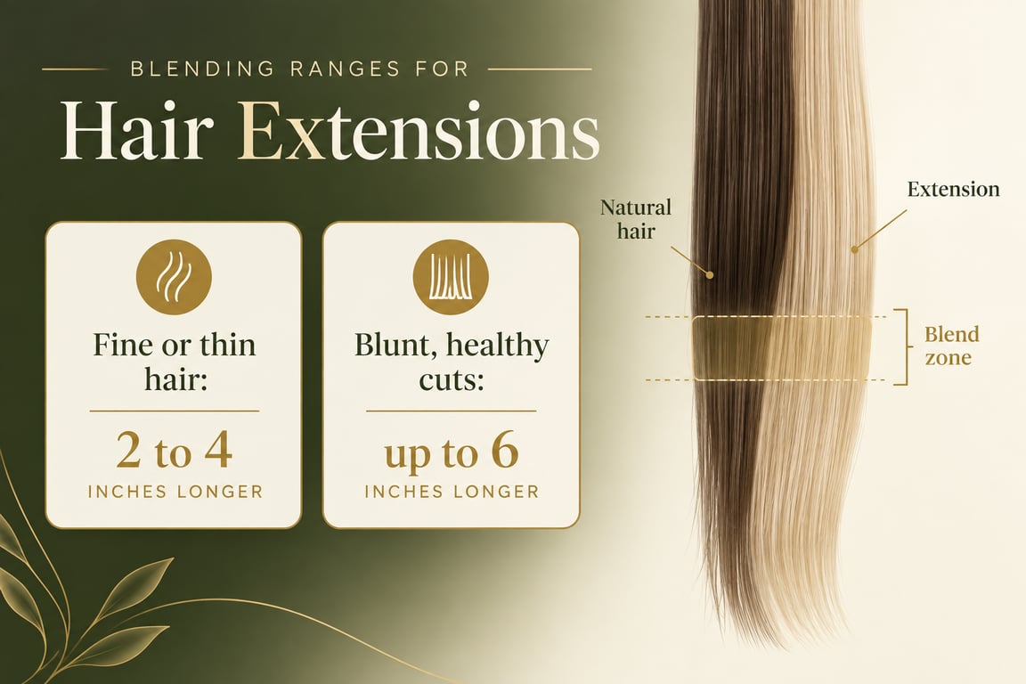 Infographic showing hair extension blending ranges of 2-4 inches for fine hair and up to 6 inches for blunt cuts.