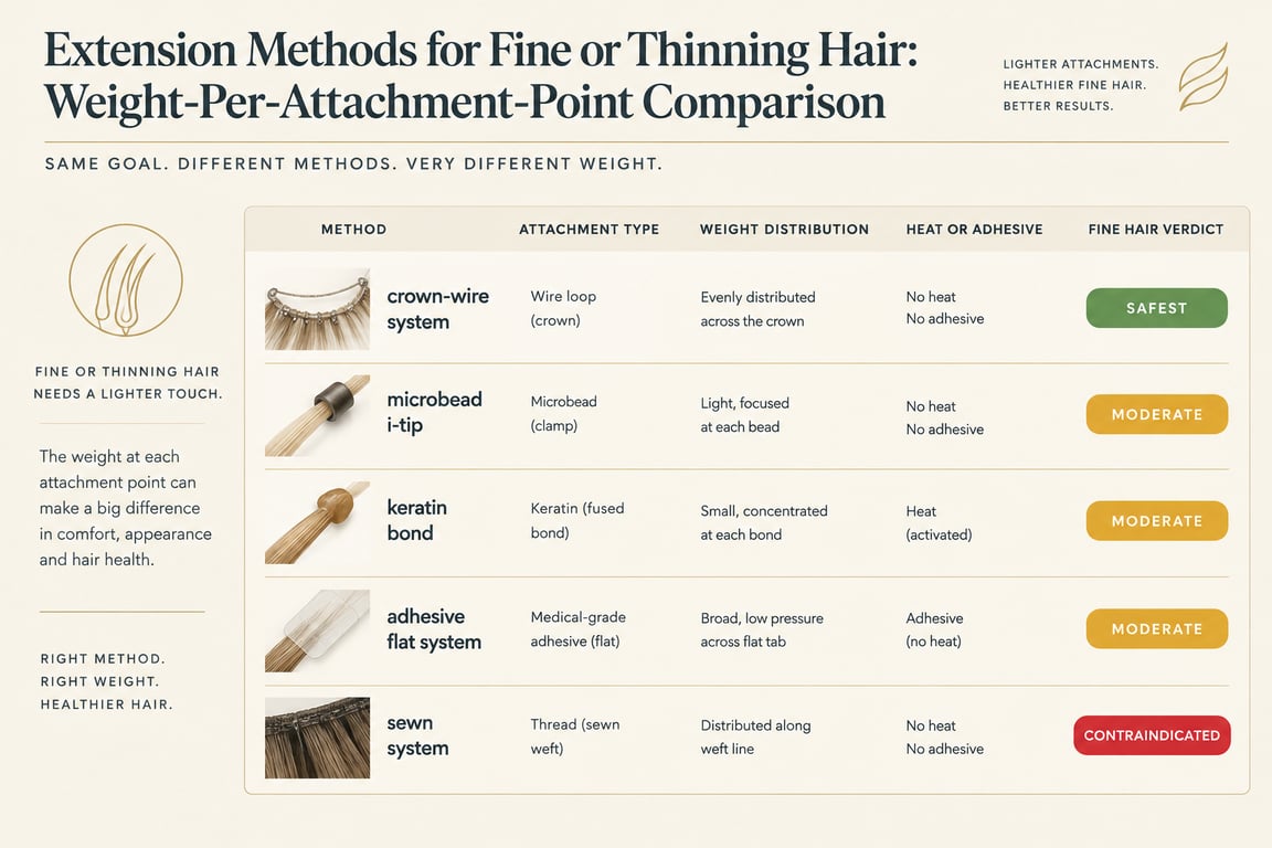 Comparison chart of hair extension methods: weight distribution and attachment point for thinning or fine hair.