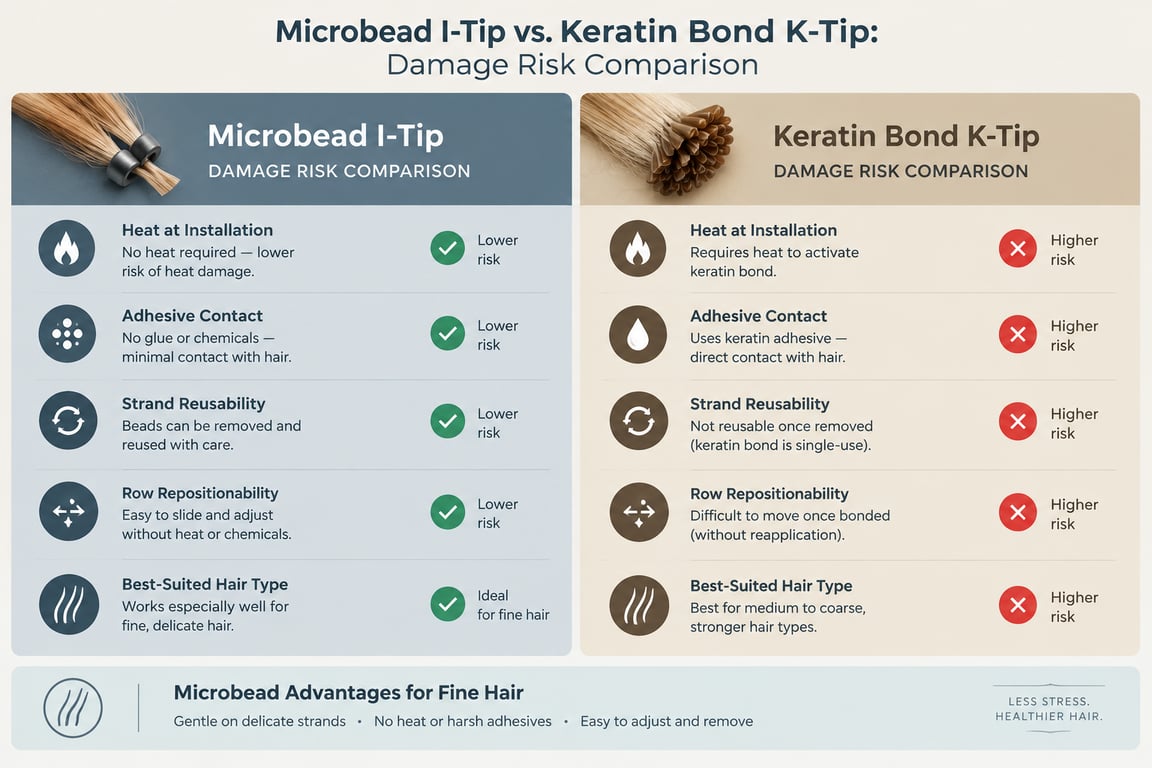 Comparison chart of Damage Risk between Microbead I-Tip and Keratin Bond K-Tip hair extensions.