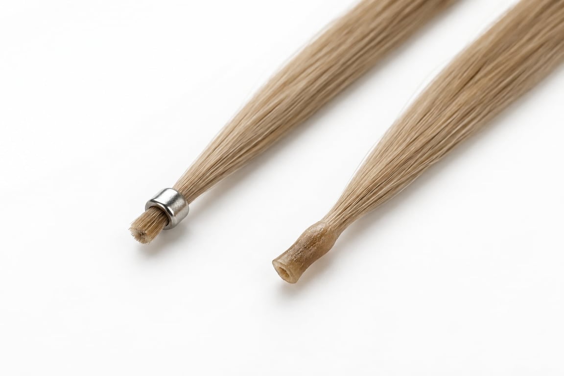 Two hair extensions, one with a metal clip and one with a tapered end, displayed on a white background.
