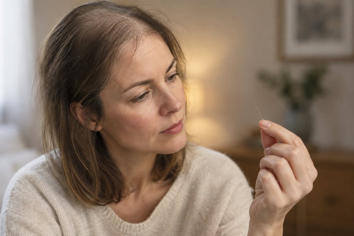 A woman closely examines a single fine hair strand in soft light.