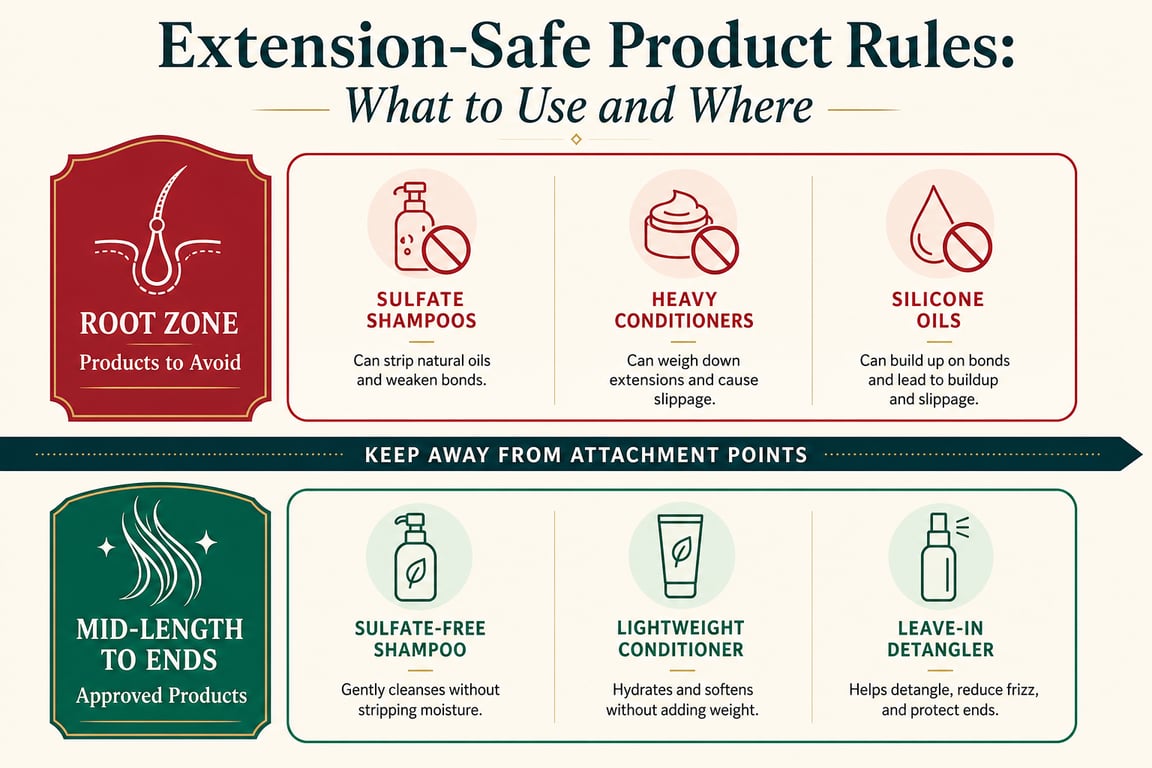 Infographic detailing extension-safe product rules, including products to avoid and approved suggestions for hair care.