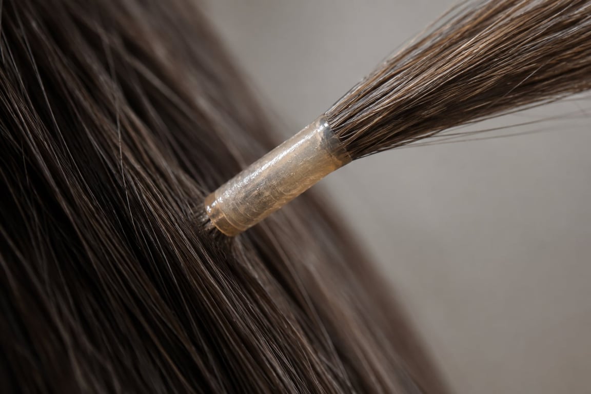 Close-up of a keratin bond on a hair strand near the scalp, showing a flat attachment point.