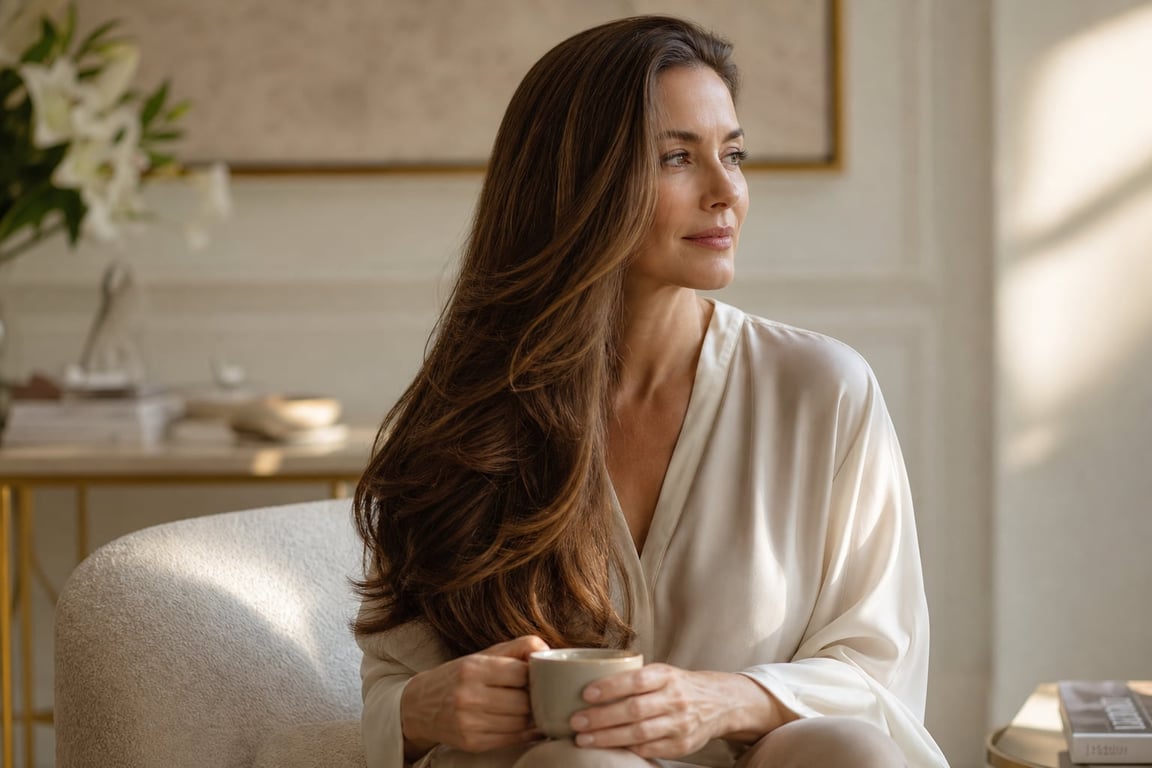 A woman with long hair holds a cup while gazing thoughtfully out of a window in a softly lit room.