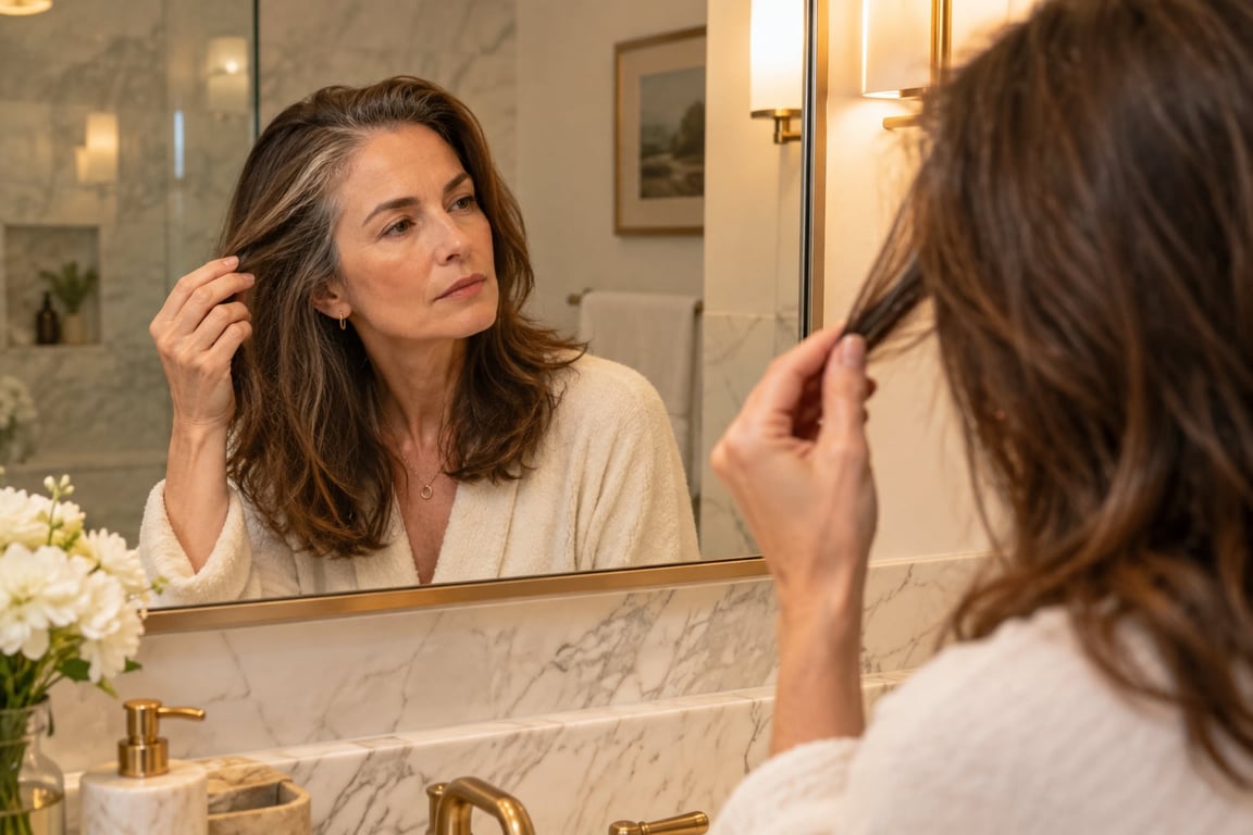 A woman in a bathroom examines her hair in the mirror while wearing a robe.