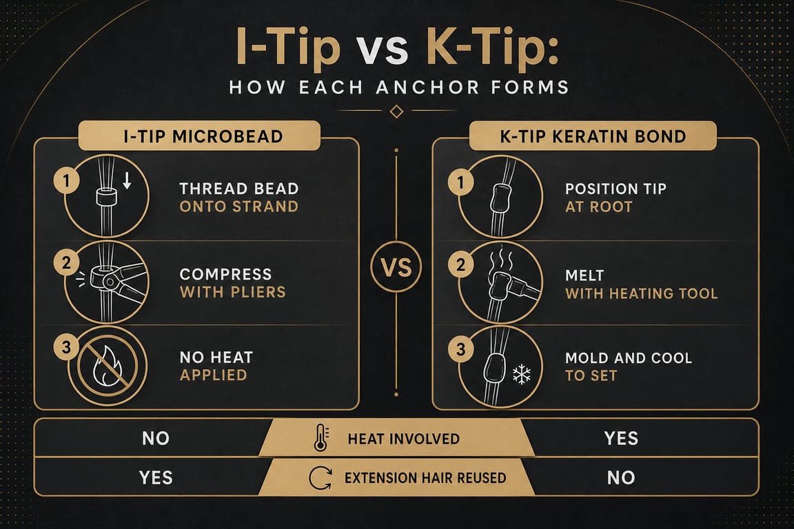 Comparison of I-Tip and K-Tip hair extension methods with diagrams and steps for each technique.