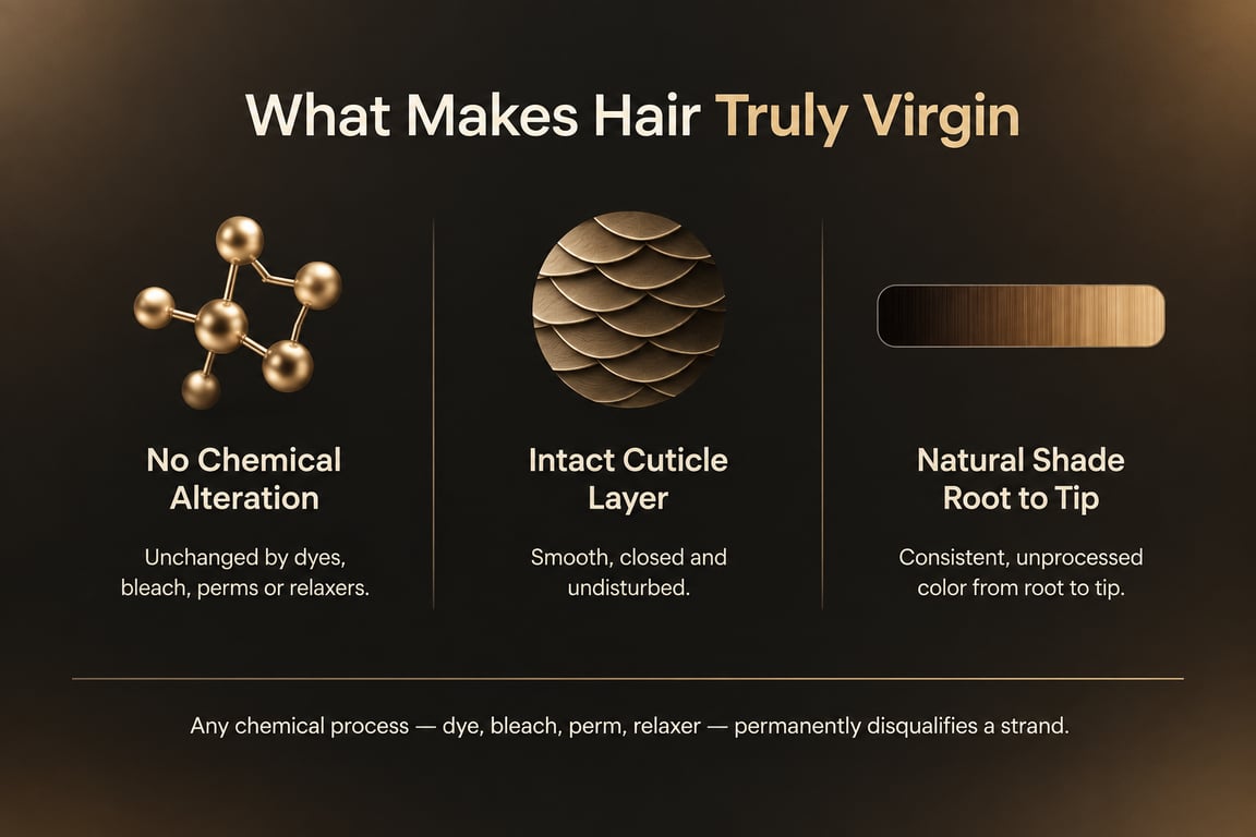 Infographic outlining criteria for virgin hair: no chemical alteration, intact cuticle layer, and natural shade from root to tip.