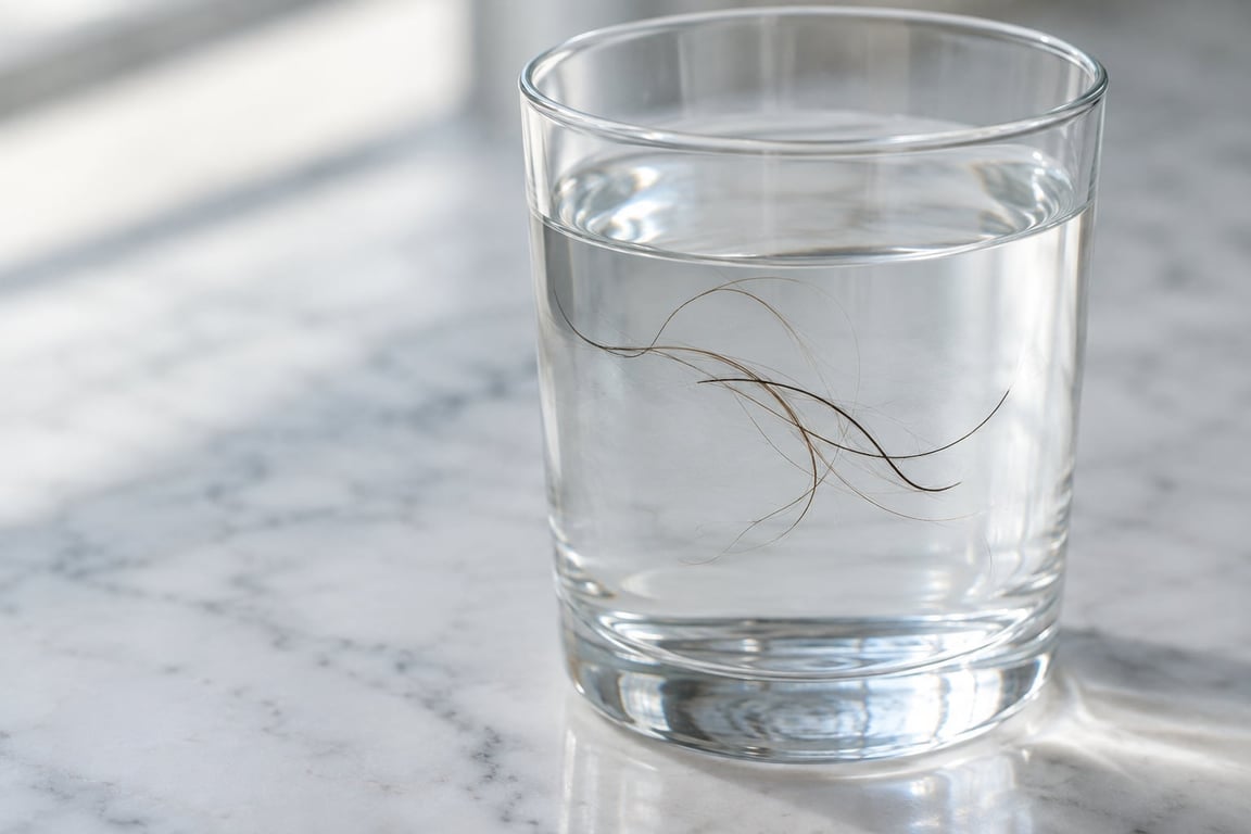 Hair strands floating in a clear glass of water on a marble surface.
