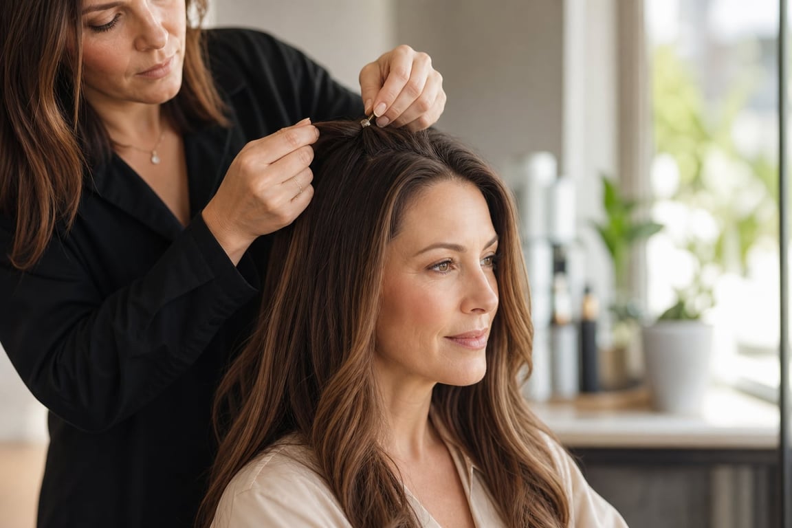 A hairstylist braiding a woman's long, wavy hair in a bright salon with plants in the background.