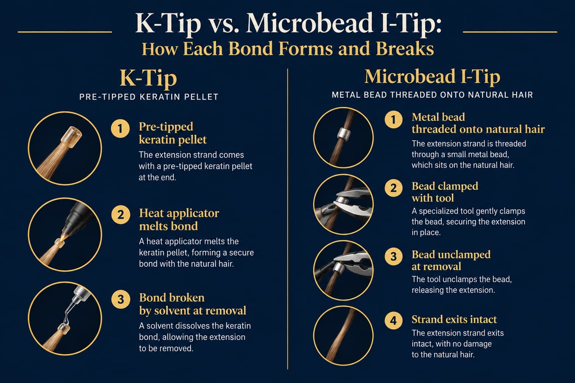 Infographic comparing K-tip and microbead I-tip hair extension bonding and removal processes.