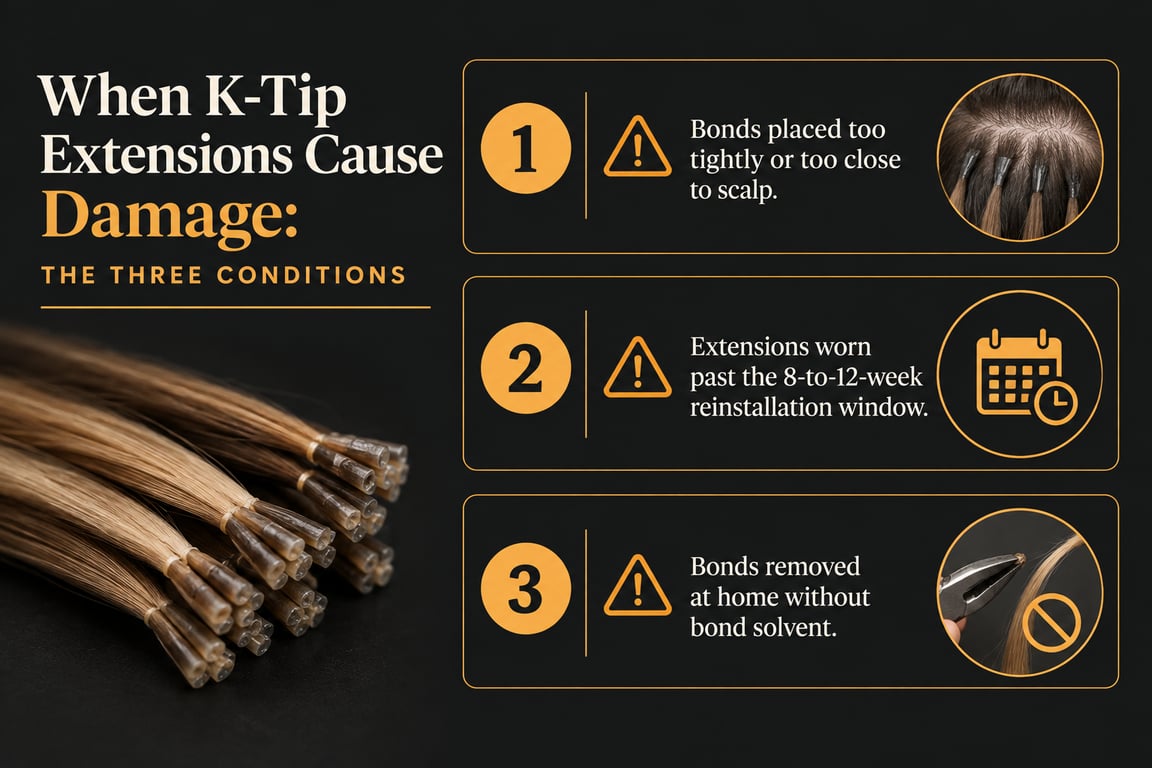 Infographic outlining three conditions causing damage from K-tip hair extensions.