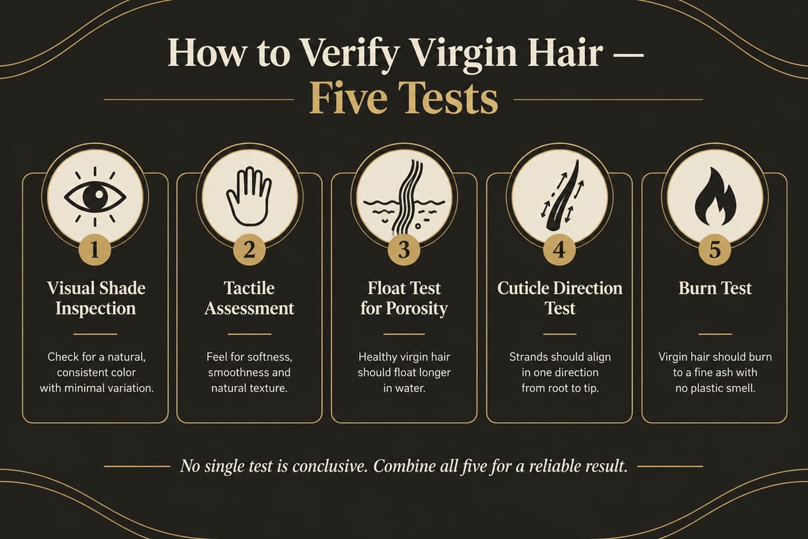 Vertical infographic detailing five tests to verify virgin hair status: visual inspection, tactile assessment, porosity, cuticle direction, and burn test.