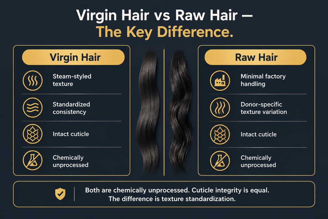 Infographic comparing virgin hair and raw hair attributes like handling, texture consistency, and cuticle integrity.