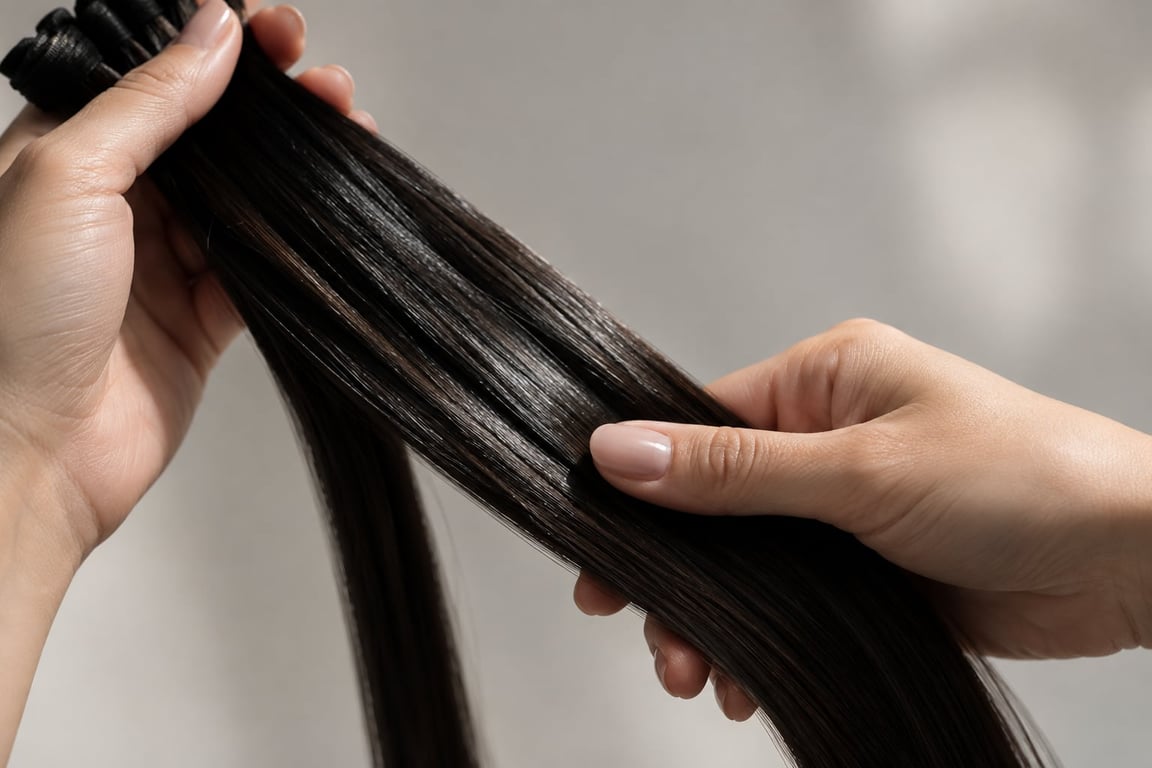 Close-up of hands inspecting dark hair extension strands for cuticle alignment.