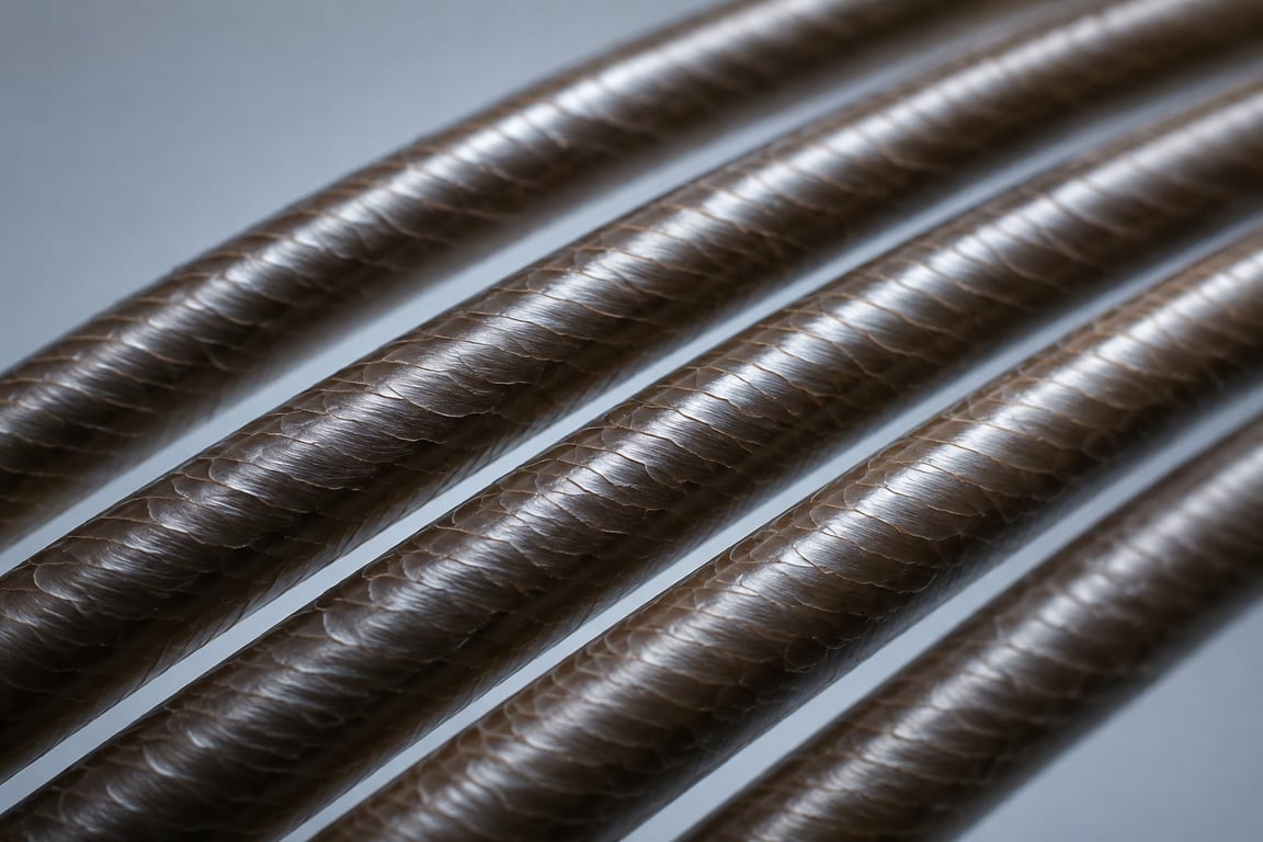 Extreme close-up of aligned hair cuticle scales on smooth strands reflecting light.