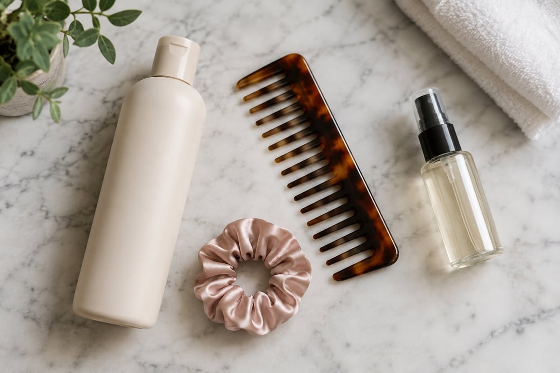 Flat lay of sulfate-free shampoo, comb, silk hair tie, and heat protectant on a marble surface.
