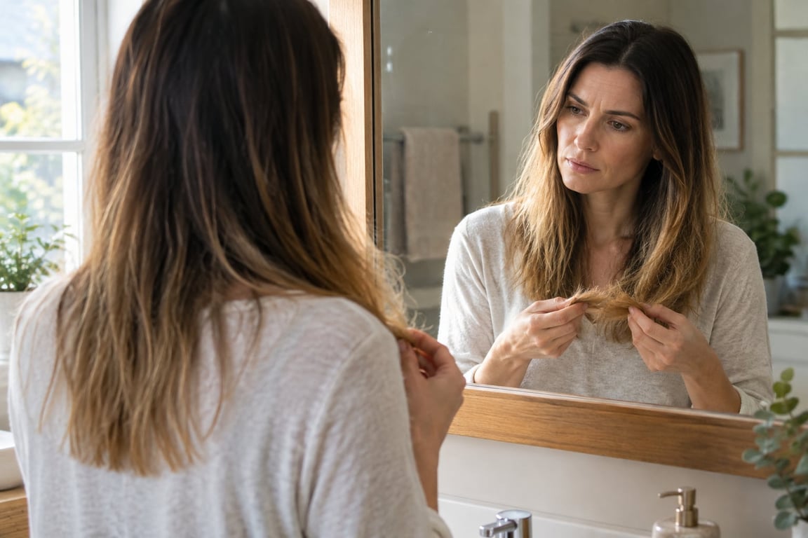 Woman examining her hair in a bathroom mirror, focusing on new growth and treated ends.