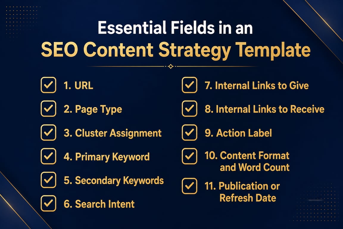 Infographic listing the eleven essential fields every SEO content strategy template must include for cluster architecture planning