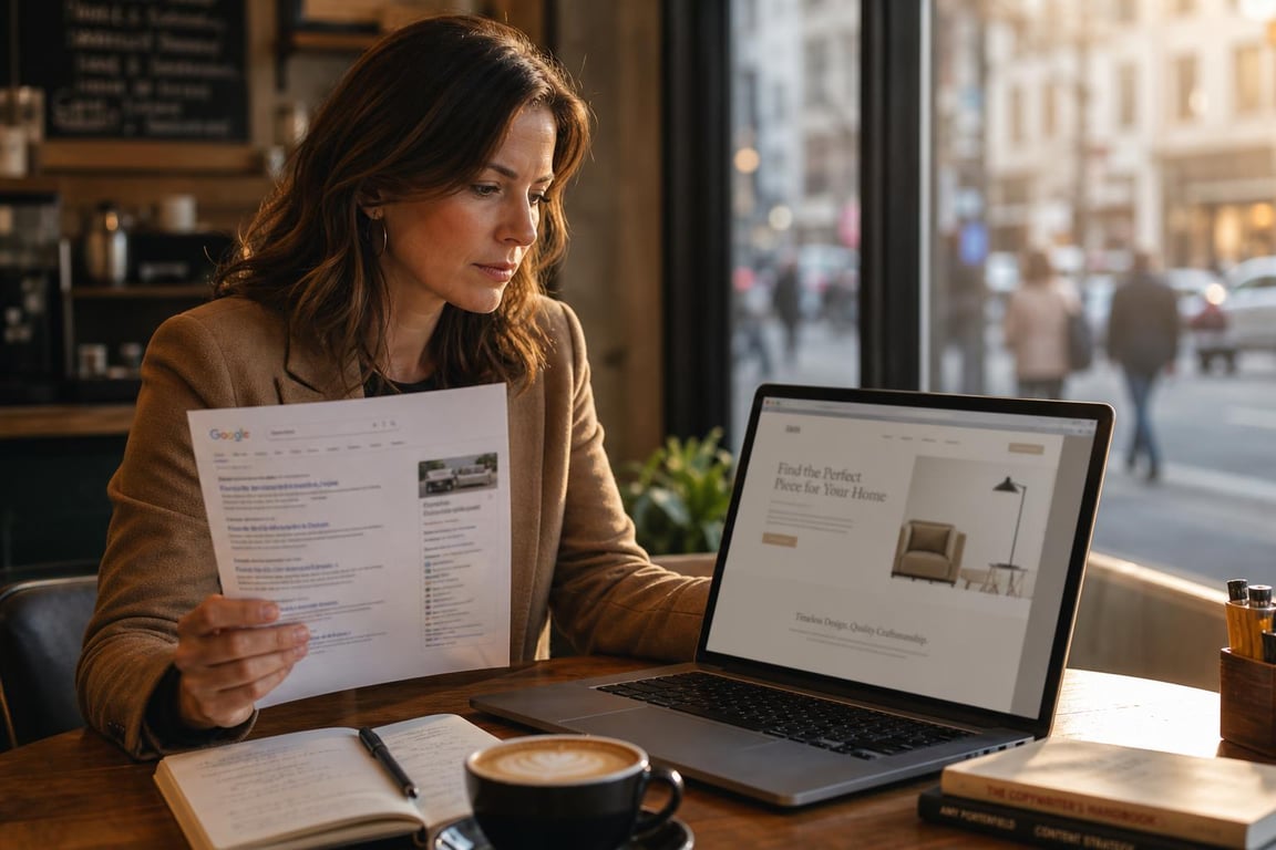 Copywriter comparing a landing page draft on a laptop to a printed SERP results page at a cafe table in afternoon light