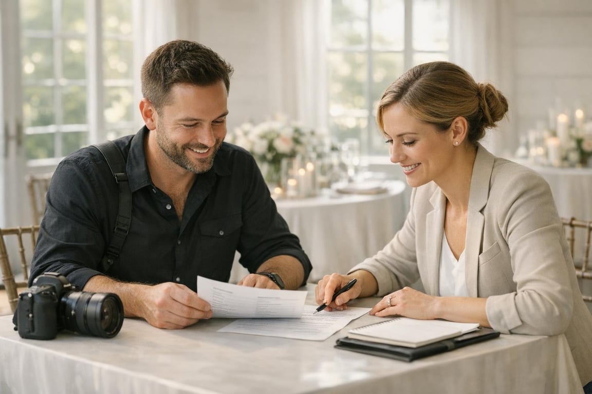 Man and woman reviewing documents together at a table with a camera beside them in a bright room.