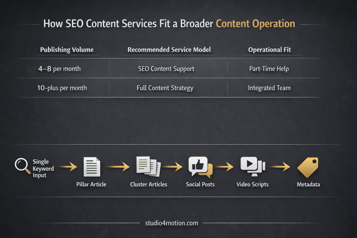 SEO content services chart showing publishing volumes, service models, operational fit, and content workflow steps.