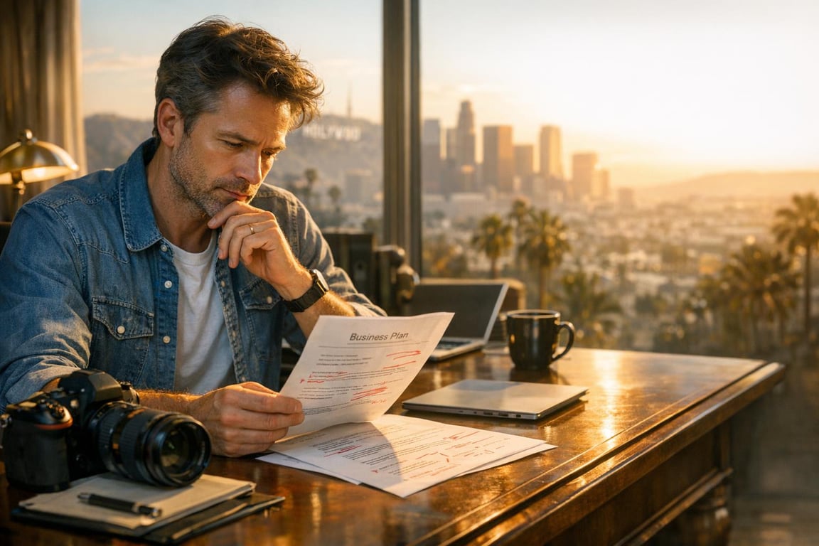 Man reviewing a business plan with red edits at a desk overlooking a city skyline during sunset.