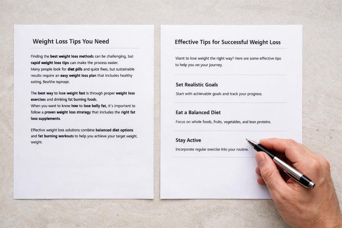 Two printed pages with weight loss tips including setting goals, balanced diet, and staying active, held by a hand with a pen.