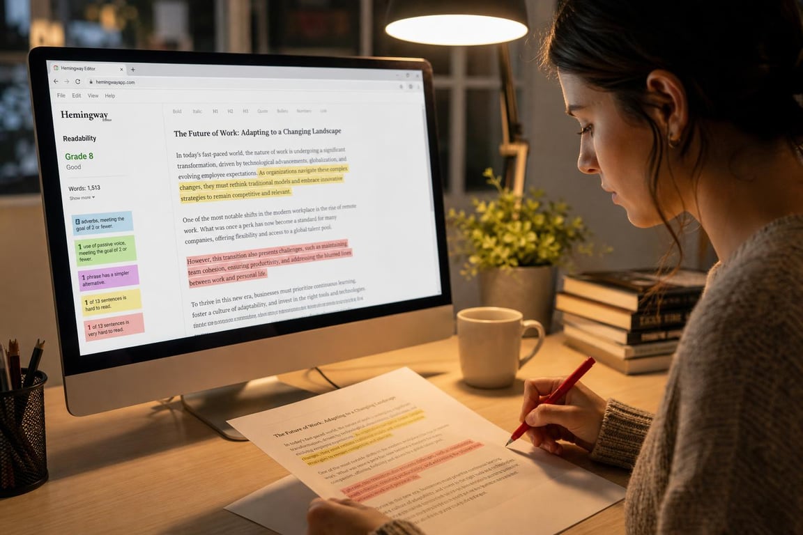 SEO content writer reviewing readability score on screen while marking printed draft with red pen, final optimization pass before publishing