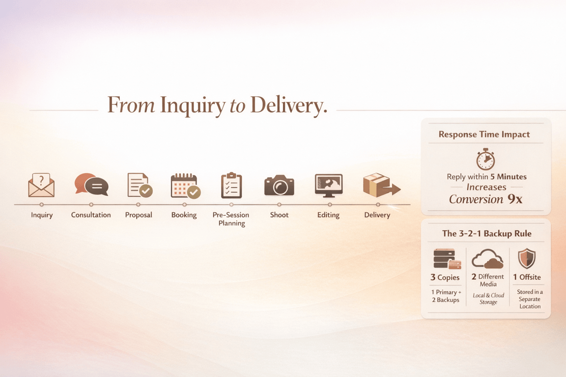 Workflow from inquiry to delivery with steps, response time impact on conversion, and 3-2-1 backup rule explained.
