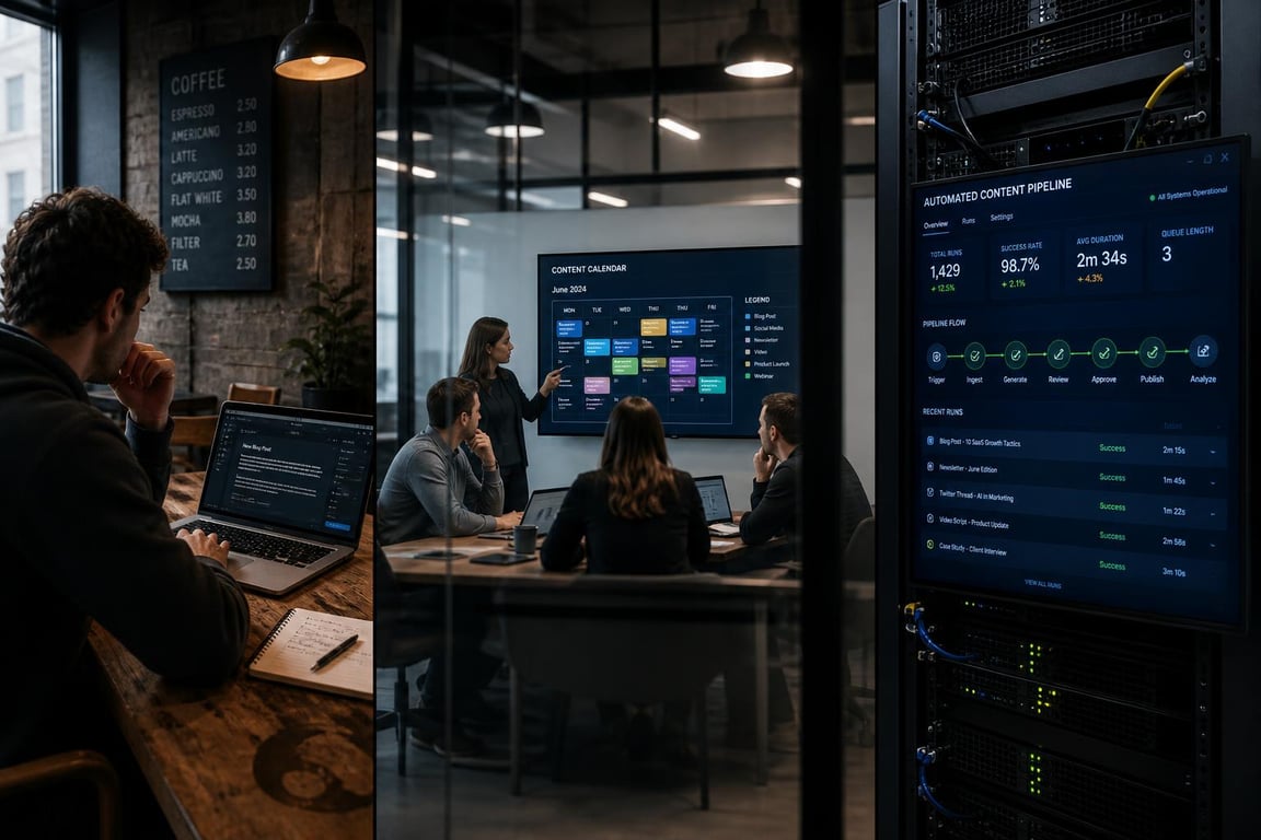 Three content production models side by side: freelance writer, agency team, and automated system, illustrating SEO content writer options